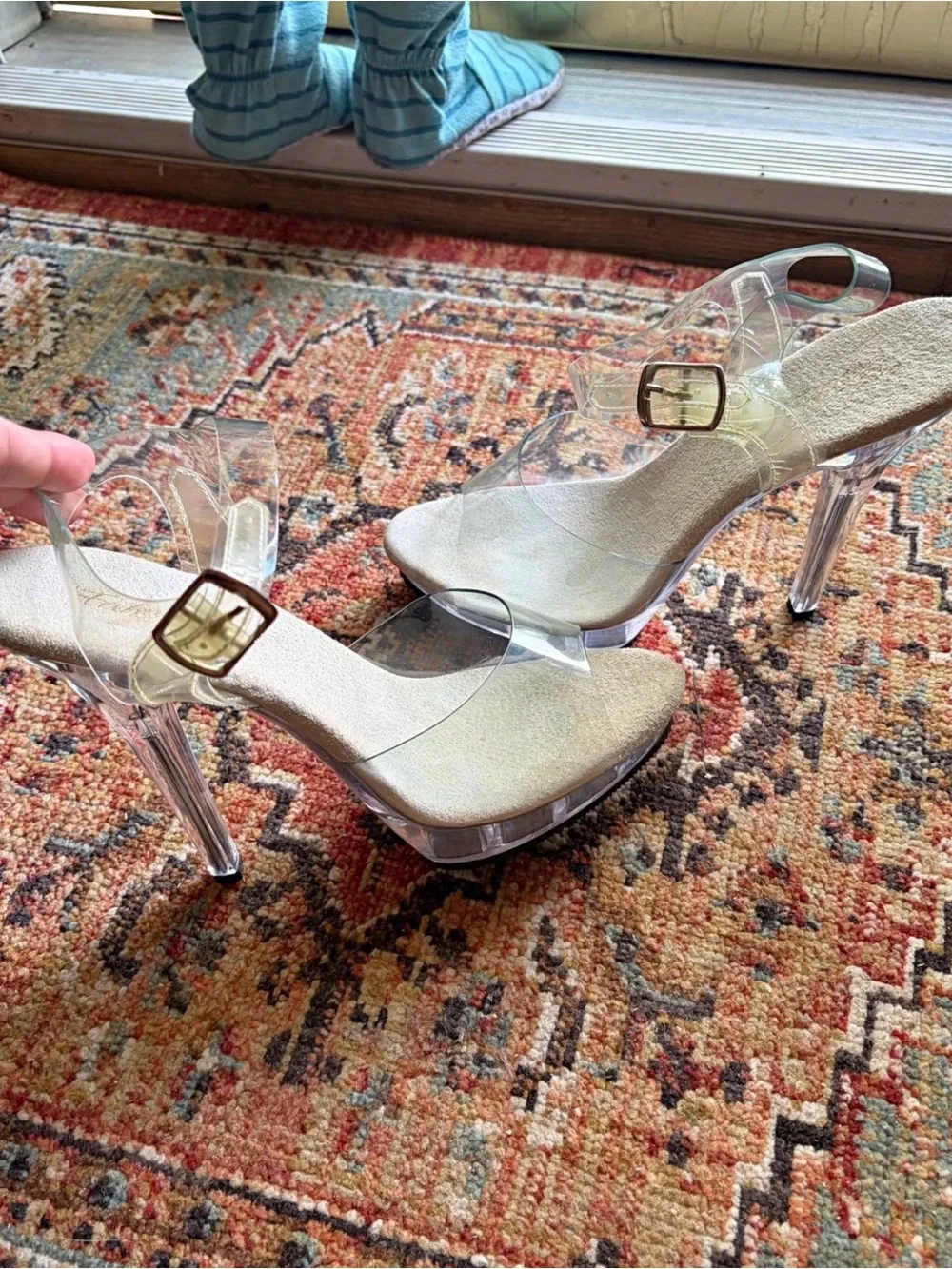 Clear Vinyl Platform High Heel Sandals with Gold Buckle